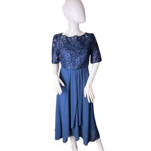 TS Conture Dress S Navy Blue Tea Length Embroidered Lace Bodice Chiffon Skirt